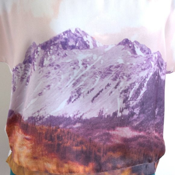 Talula Satin Mountain Graphic Print Short Sleeved Blouse - Picture 2 of 8